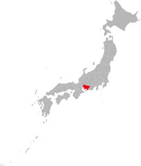 Aichi province highlighted red on Japan map. Gray background. Business concepts and backgrounds.