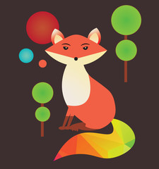 illustration of a wild fox with green trees and rainbow colored tail on a brown color background