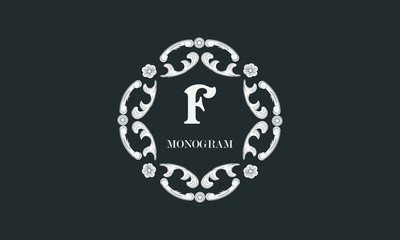 Vintage flower monogram with the letter F. Exquisite three-dimensional logo. Luxury frame for business sign, label, boutique brand, hotel, restaurant, heraldry.