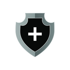 Medical icon, protection emblem, black shield with white cross, body icon vector illustration
