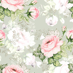Seamless pattern beautiful roses, herbs and butterflies painted on paper with paints