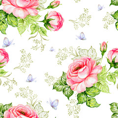 Seamless pattern beautiful roses, herbs and butterflies painted on paper with paints