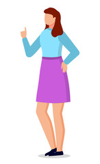 Young woman with brown hair standing straight on floor. Person raised her one finger up. Lady dressed in blue blouse and violet skirt. Human isolated on white background. Vector illustration in flat