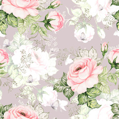 Seamless pattern beautiful roses, herbs and butterflies painted on paper with paints