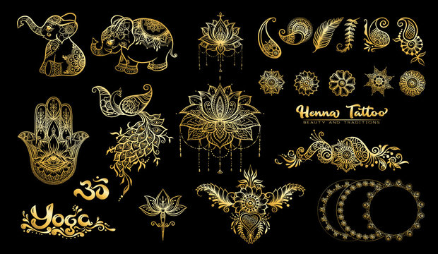 Set of elements for design in mehendi, traditional indian henna style. Ethnic style compositions. Floral ornaments and mandalas in gold and black. Vector illustration..