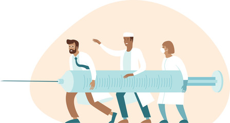 Doctor fighting with coronavirus using vaccine injection. Team of virusologists holding giant syringe. Vaccine and treatment research.