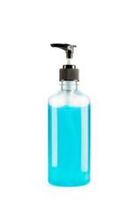 Bottle of hand sanitizer blue gel isolated on white background, concept prevent disease COVID-19, File contains a clipping path
