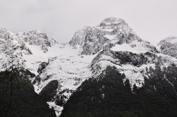 Fototapeta na wymiar Snow capped Southern Alps as seen from the road to Milford Sound