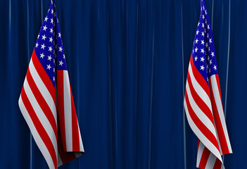 3d rendering. Hanging United state of America flags on dark blue curtain wall background.
