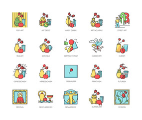 Art movements RGB color icons set. Still life artwork in medieval, modern styles. Impressionism, expressionism and realism painting. Isolated vector illustrations