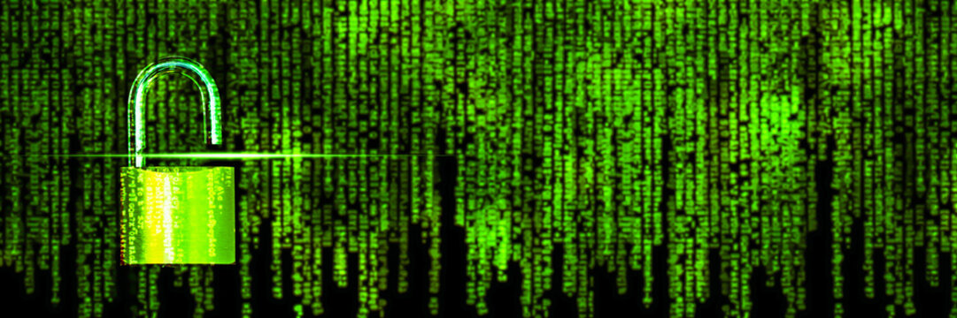 gr&uuml;ne vollformat textur matrix bin&auml;rer code mit offener schnittstelle, konzept f&uuml;r datensicherheit technologie banner hintergrund