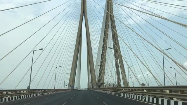 View of Bandra Worli Sea Link has been recorded from the car while running.