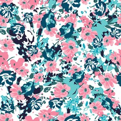 Cute pattern in a small flower. Little colorful flowers. Colorful and bright summer silhouette. Abstract seamless pattern with leaves and flowers. Background with floral vector for modern style.