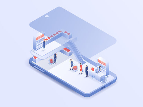 People's Activity Of Shopping At Grocery Store On Smartphone. 3d Isometric Vector Design. Landing Page Illustration