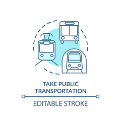 Take public transportation turquoise concept icon. Subway tram. Street bus. Urban trip. City transit vehicles idea thin line illustration. Vector isolated outline RGB color drawing. Editable stroke