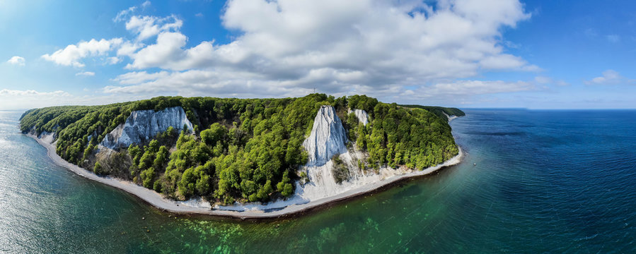 Panorama view of the Koenigsstuhl or Kings Chair and Victoria´s View / Ruegen (Rügen) Chalk Cliffs in the Jasmund National Park in the Baltic sea (Germany, Europe) Island of Ruegen