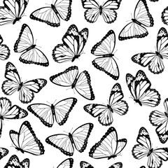 Black and white flying butterflies seamless pattern. Isolated on white background. Illustration.