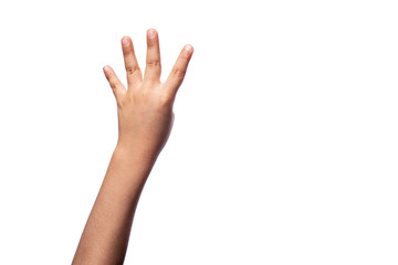Obraz premium Child hands isolated on white four fingers up