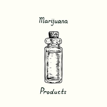 Marijuana products, bottle with essencial oil isolated, outline simple doodle drawing, gravure style
