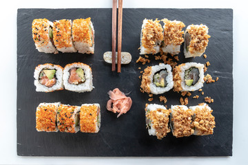 Salmon and tuna rolls, ready to eat