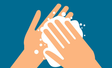 Washing hands illustration with soap and foam. Vector illustration of hands in front a blue background. Covid-19 prevention. Clean hands. Disinfected hand and fingers with soap. 