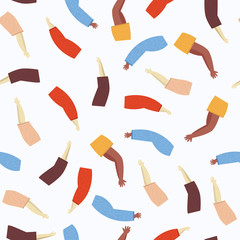 Colorful pattern with illustration of a people's hands with different skin color together. Race equality, diversity, tolerance illustration. Can be used for backgrounds or prints.