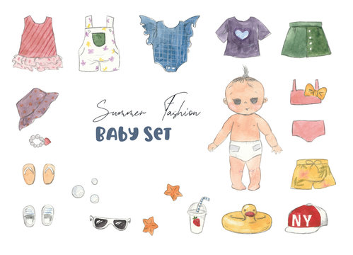 summer fashion baby set hand painted clothes and watercolor baby you can dress (skirt, t shirt, hat, swimming suit) pattern