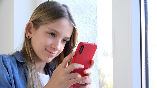 Kid Using Smartphone, Child Browsing Internet, Talking on Smart Phone, Teenager Girl Communicating with Parents, Technology