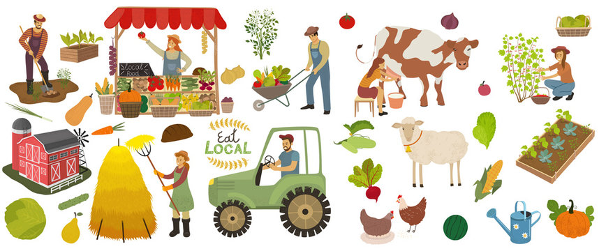 Local organic production icons set. Farmers do agricultural work, planting, gathering crops and sell food. Woman milks a cow and picking berries. Farm animals, fruits and vegetables illustration