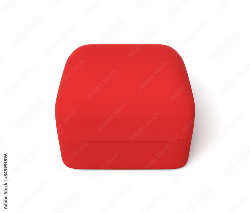Poster 3d close-up rendering of closed red ring box on white background.