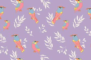 Seamless Pattern with Birds and Floral Elements. Summer wrapping paper background.