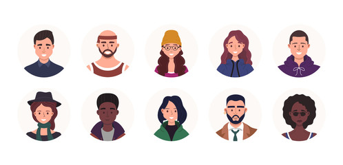 People avatar bundle set. User portraits. Different human face icons. Male and female characters. Smiling men and women characters. Flat cartoon style illustration
