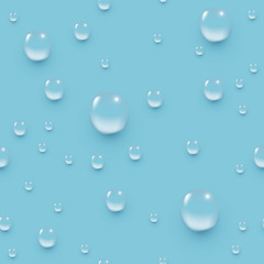 Water drops seamless pattern. Realistic vector background with 3d droplets on blue surface. Clear aqua texture