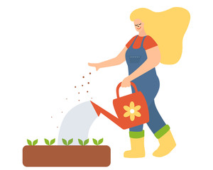 Woman with Watering Can in Hand Watering Pea Bush.