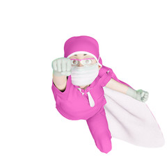 super doctor cartoon is flying up in white background drone view