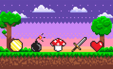 Pixel game elements vector, scene with nature and greenery with trees. Mushroom icon, sword and heart, pixelated bomb with wick and coin made of gold graphics