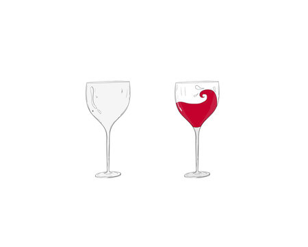 drawing of two wine glasses one of which is full with red wine and the other is empty