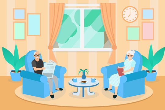 grandfather and grandmother are sitting on a sofa in living room, Grandfather reading the newspaper, Grandma reading a book, Senior couple sit on a couch in house, stay at home.