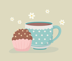 coffee time and tea, cup and sweet cupcake decoration