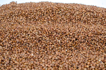 Fototapeta premium peeled buckwheat grain closeup with place for an inscription