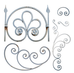 a wrought-iron element made of white steel with swirls, curves and plant elements is decorated with a small flower for gates and doors,image on a white background isolated