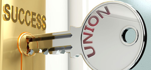 Union and success - pictured as word Union on a key, to symbolize that Union helps achieving success and prosperity in life and business, 3d illustration