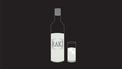 illustration of a bottle of raki which is a popular turkish alcholic drink and a glass of raki with ice on a black background