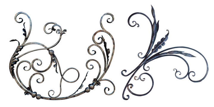forged black steel element with curls, bends and plant elements for gates and doors,image on a white background isolated