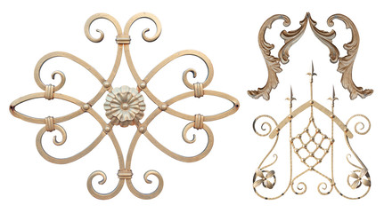 Fototapeta na wymiar forged element of steel covered with Golden paint with curls, bends and plant elements decorated with flowers sharp spires for gates and doors,image on a white background isolated