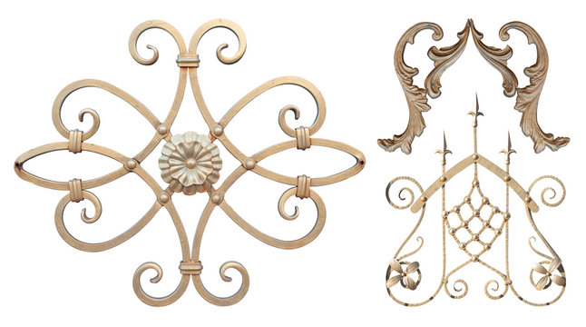 forged element of steel covered with Golden paint with curls, bends and plant elements decorated with flowers sharp spires for gates and doors,image on a white background isolated