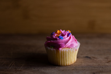 Single cupcake decorated with pink icing and sprinkles