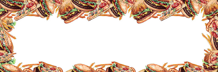 Seamless pattern with cheeseburgers, pizza and french fries painted with watercolor