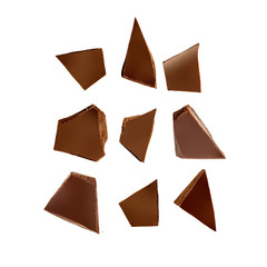 Chocolate pieces Pattern. Chocolate chunks   isolated on white background. Flat lay.