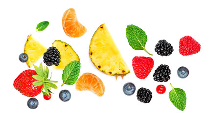 Fresh berries isolated on white background, top view. Strawberry, Raspberry, Blueberry and Mint leaf, flat lay..